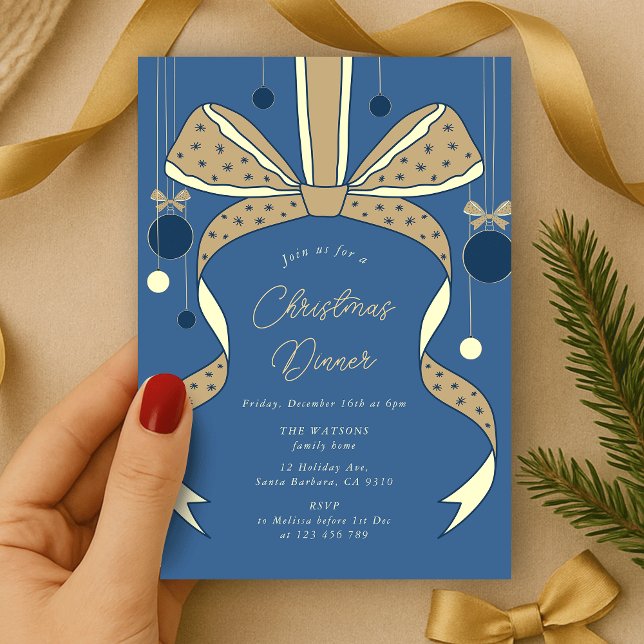 Invitación Elegante Fiesta de Navidades beige azul y cintas (elegant bow and ribbon Christmas party invitation blue and cream)