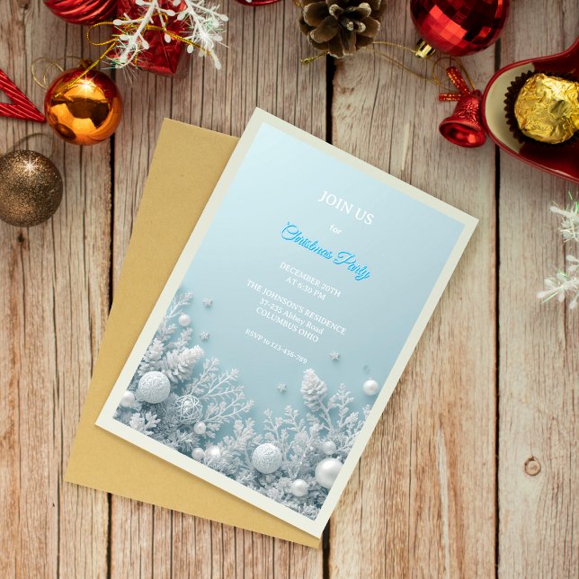 Invitación Elegante fiesta de Navidades blancos y azules (Subido por el creador)