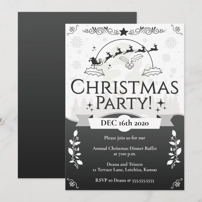 Invitación Elegante Fiesta de Navidades blancos y negros (Anverso / Reverso)