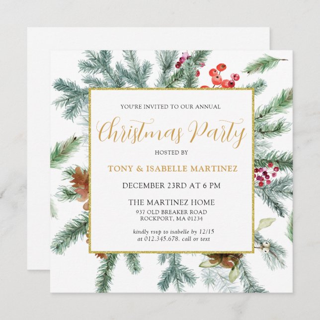 Invitación Elegante Fiesta de Navidades botánicos de invierno (Anverso / Reverso)