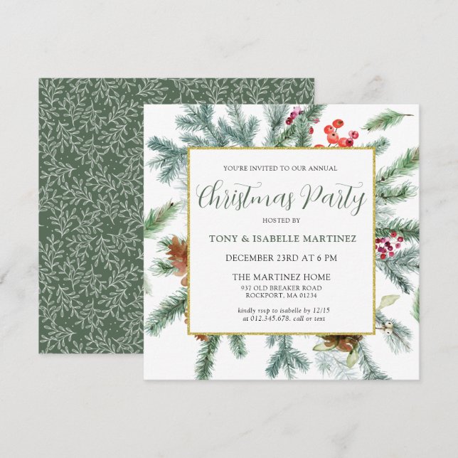 Invitación Elegante Fiesta de Navidades botánicos de invierno (Anverso / Reverso)