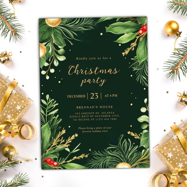Invitación Elegante Fiesta de Navidades botánicos de verdor d (Elegant Holiday Greenery Botanical Christmas Party Invitation)