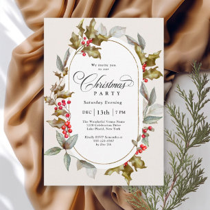 Invitación Elegante Fiesta de Navidades botánicos Holly y Ber