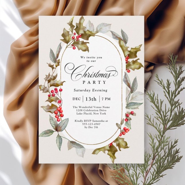 Invitación Elegante Fiesta de Navidades botánicos Holly y Ber (Available in both printed and instant download digital formats.)
