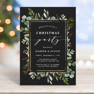 Invitación Elegante Fiesta de Navidades botánicos negro