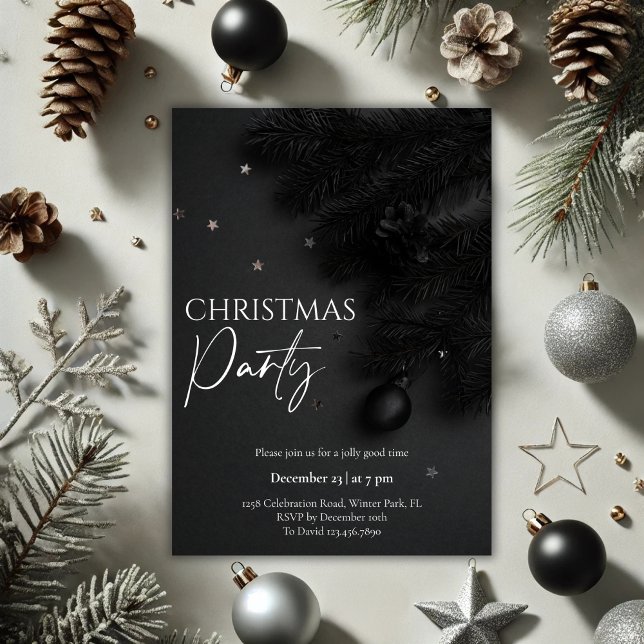 Invitación Elegante Fiesta de Navidades botánicos negros (Black Botanical Modern Christmas Party Invitation)