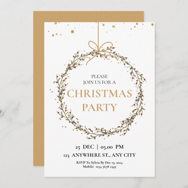 Invitación Elegante Fiesta de Navidades con corona de oro (Anverso / Reverso)