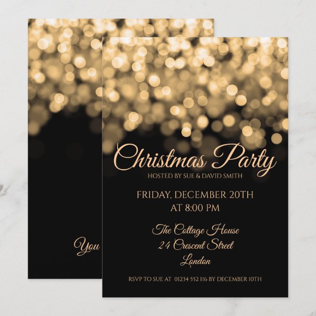 Invitación Elegante Fiesta de Navidades con luces de oro bril (Anverso / Reverso)