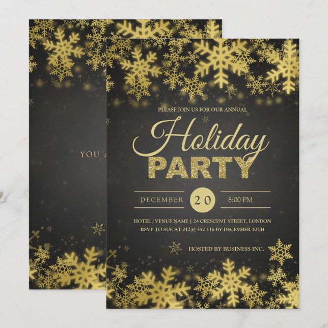 Invitación Elegante Fiesta de Navidades corporativos de oro y (Anverso / Reverso)