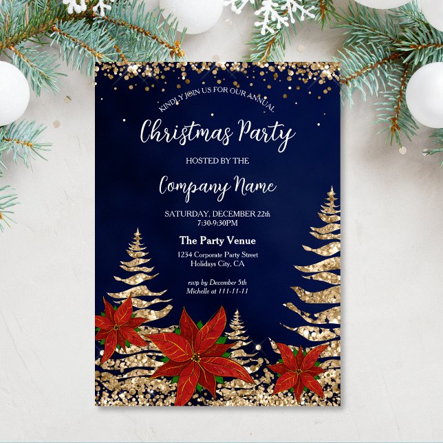 Invitación Elegante Fiesta de Navidades corporativos de Poins (christmas party invitation with glitter gold pines and red poinsettia on the navy background)