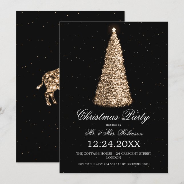 Invitación Elegante Fiesta de Navidades de árbol de oro con b (Anverso / Reverso)