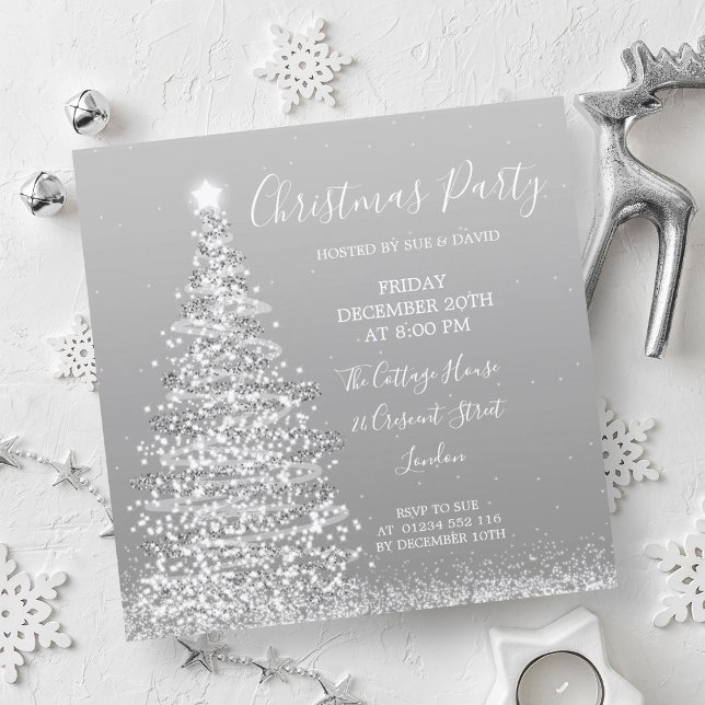 Invitación Elegante Fiesta de Navidades de árbol Purpurina pl (Elegant Silver Glitter Tree Christmas Party Invitation)