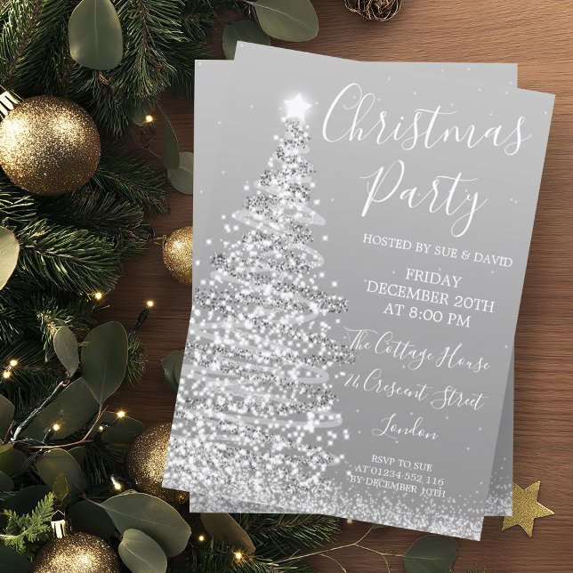Invitación Elegante Fiesta de Navidades de árbol Purpurina pl (Elegant Silver Glitter Tree Christmas Party Invitation)