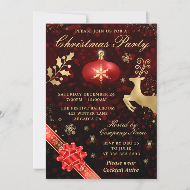 Invitación Elegante Fiesta de Navidades de Bauble y Cinta de  (Anverso)