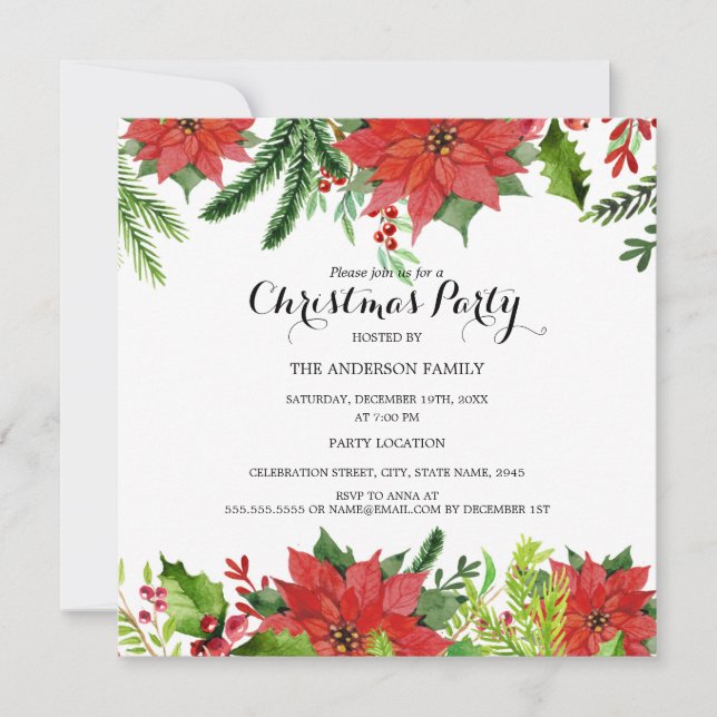 Invitación Elegante Fiesta de Navidades de Berry con flores r (Anverso)