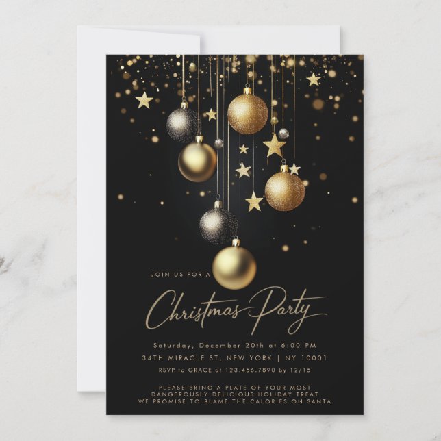 Invitación Elegante Fiesta de Navidades de Black Gold Sparkle (Anverso)