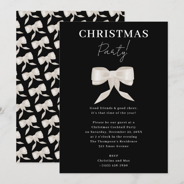 Invitación Elegante Fiesta de Navidades de Black White Bow (Anverso / Reverso)