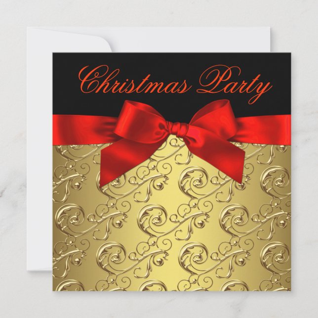 Invitación Elegante Fiesta de Navidades de Bow Red Gold Swirl (Anverso)