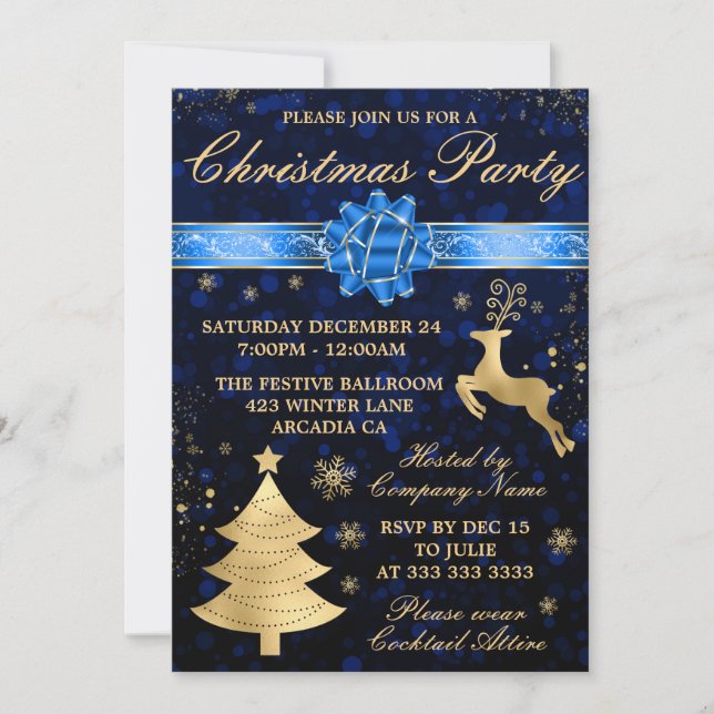 Invitación Elegante Fiesta de Navidades de cinta azul y Relie (Anverso)