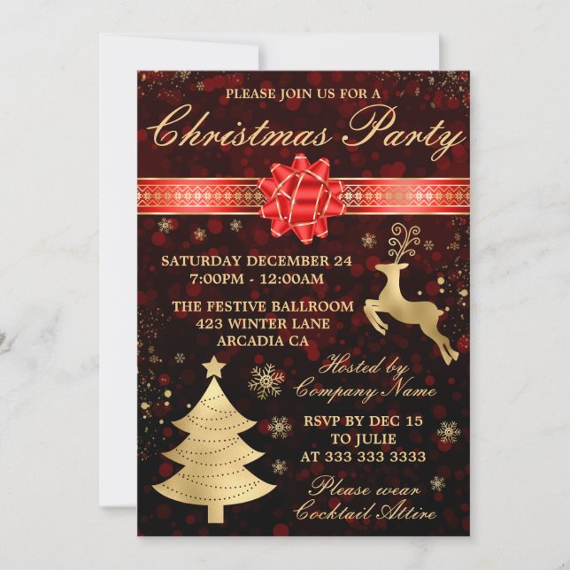 Invitación Elegante Fiesta de Navidades de cinta roja y Relie (Anverso)