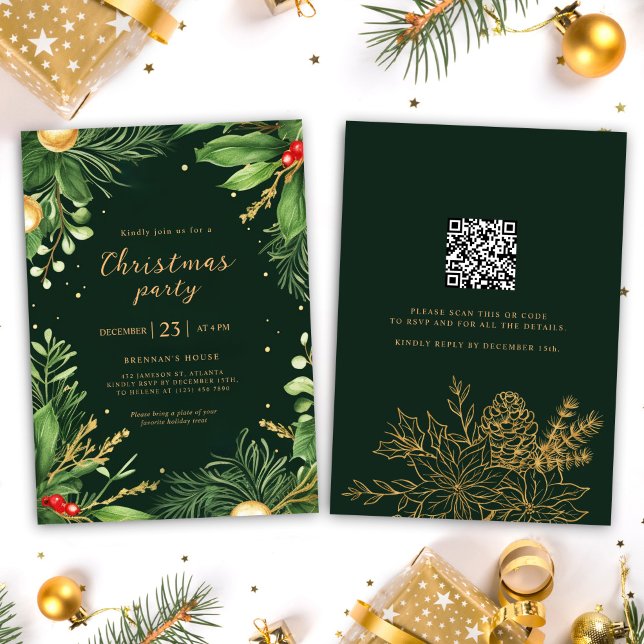 Invitación Elegante Fiesta de Navidades de código QR de veget (Elegant Holiday Greenery QR Code Christmas Party I Invitation)