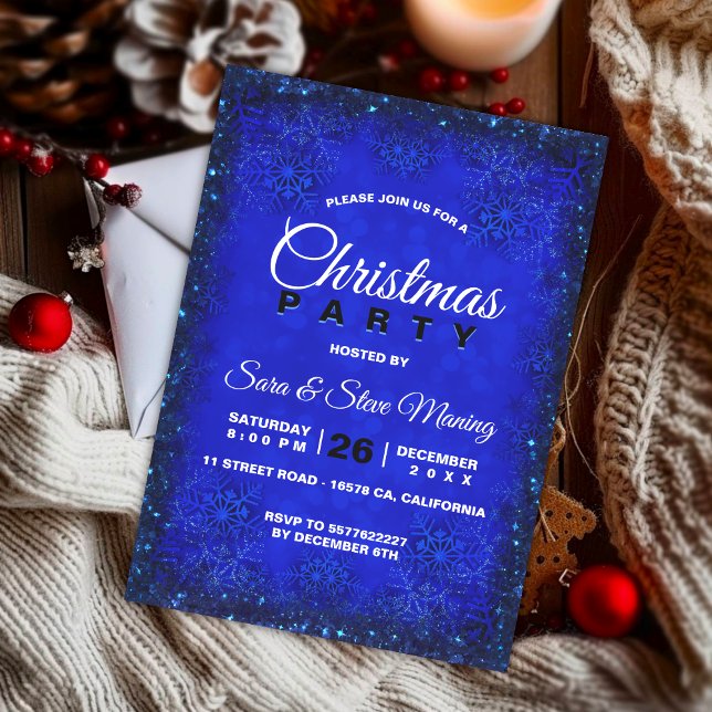 Invitación Elegante fiesta de Navidades de copos de nieve azu (Subido por el creador)