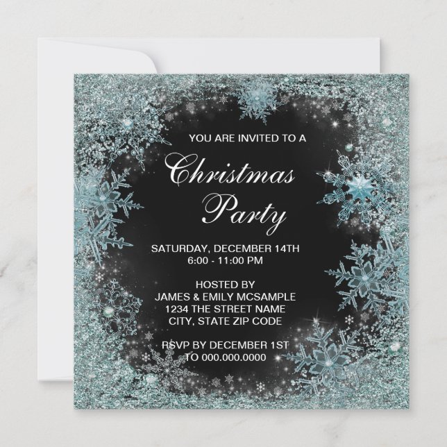 Invitación Elegante Fiesta de Navidades de copos de nieve azu (Anverso)