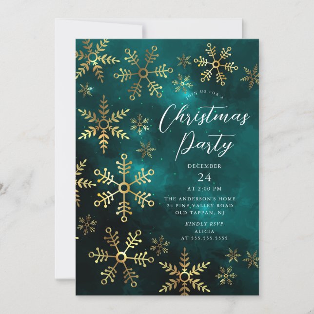 Invitación Elegante Fiesta de Navidades de copos de nieve dor (Anverso)
