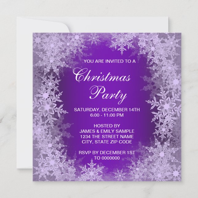 Invitación Elegante Fiesta de Navidades de copos de nieve púr (Anverso)