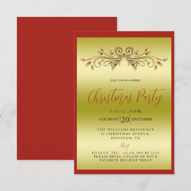Invitación Elegante Fiesta de Navidades de decoración dorada  (Anverso / Reverso)