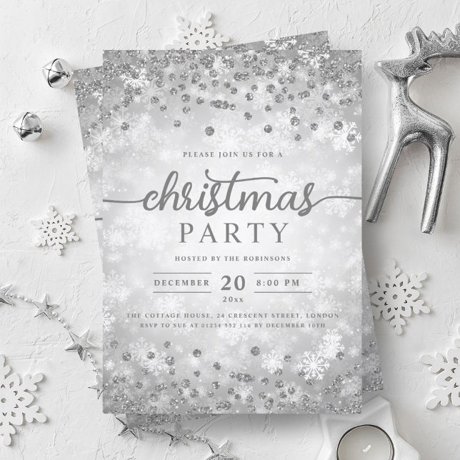 Invitación Elegante Fiesta de Navidades de diamantes de invie (Elegant Silver Winter Diamonds Christmas Party Invitation)