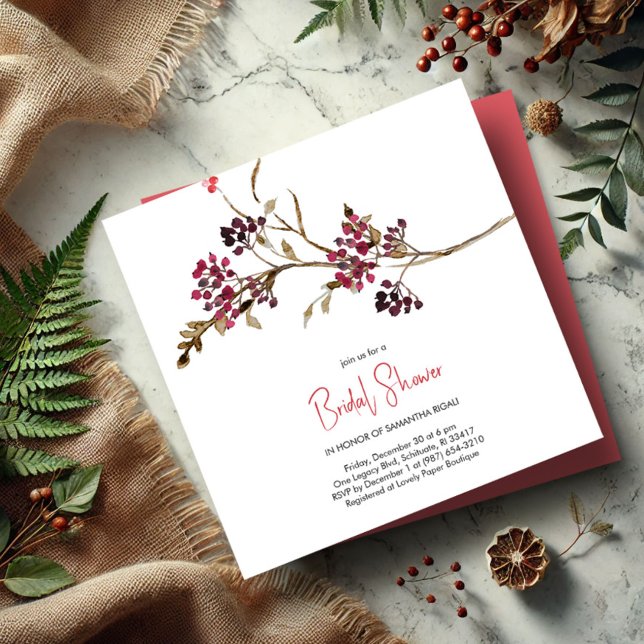 Invitación Elegante Fiesta de Navidades de ducha de novia (Bridal shower invitations rustic watercolor berries and botanicals fall and winter)
