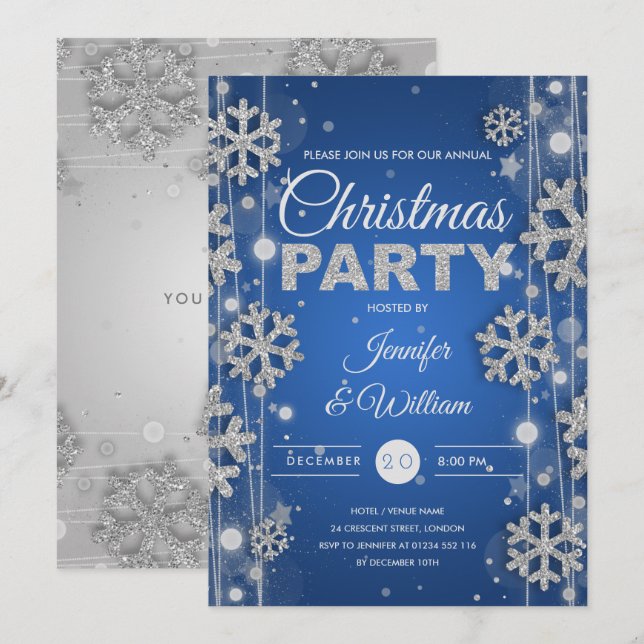 Invitación Elegante Fiesta de Navidades de Glam Blue Silver (Anverso / Reverso)