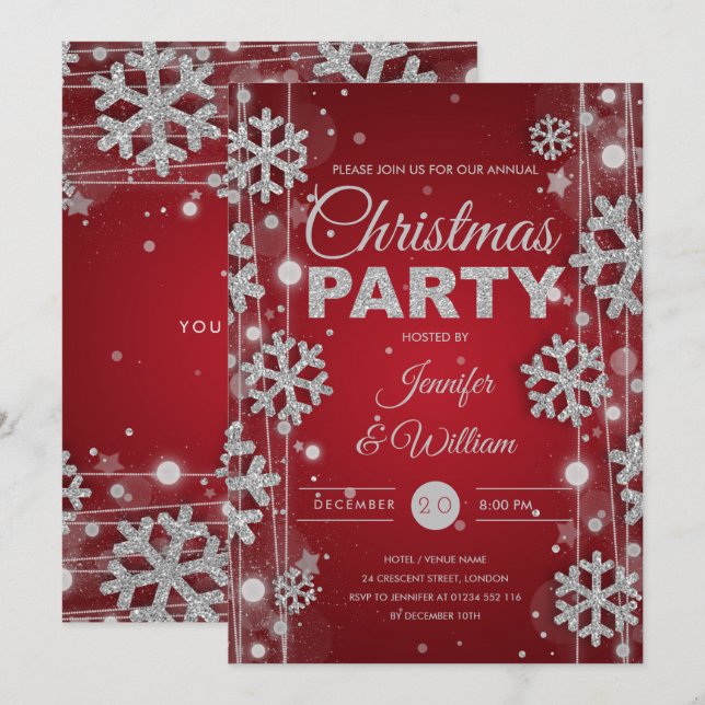 Invitación Elegante Fiesta de Navidades de Glam Rojo Plateado (Anverso / Reverso)