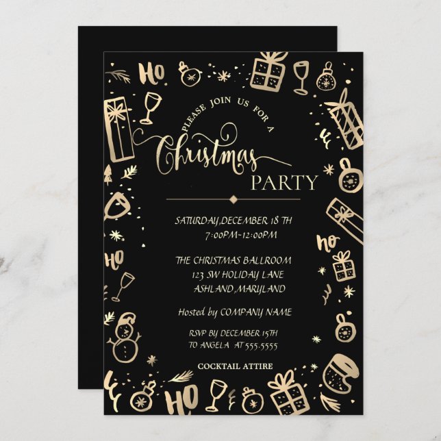 Invitación Elegante Fiesta de Navidades de Gold Black Company (Anverso / Reverso)