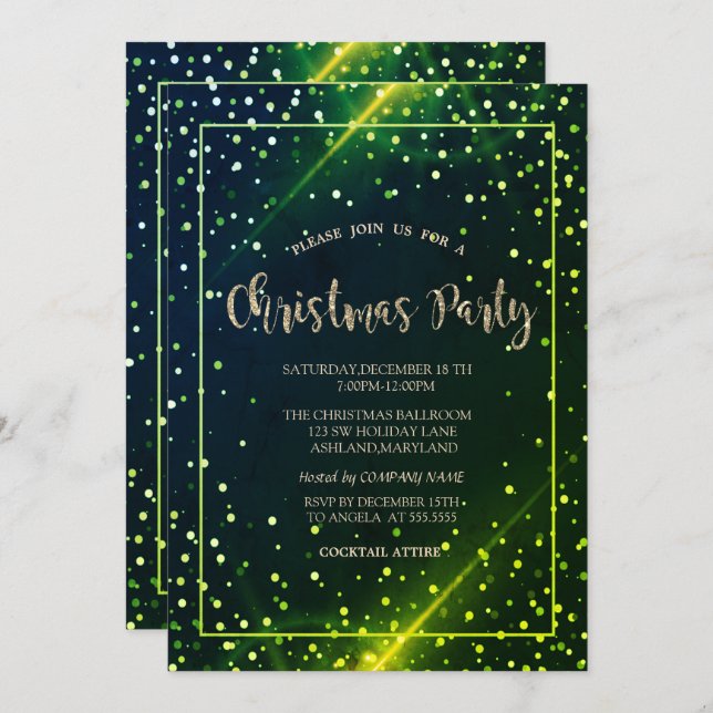 Invitación Elegante Fiesta de Navidades de Gold Dots Green Co (Anverso / Reverso)