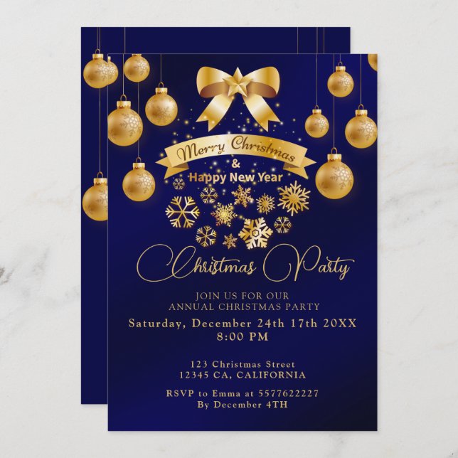 Invitación Elegante Fiesta de Navidades de Golden Bow Blue (Anverso / Reverso)