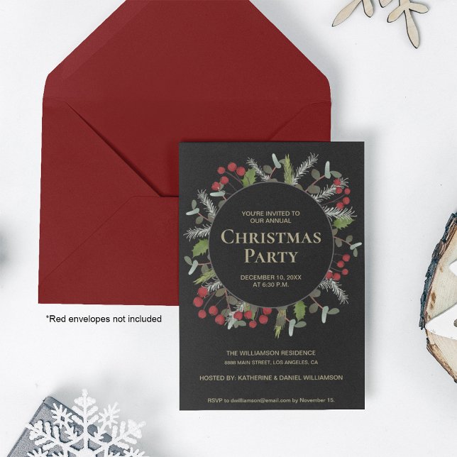 Invitación Elegante Fiesta de Navidades de Greenery Red Berri (Modern corporate Christmas party botanical wreath.)