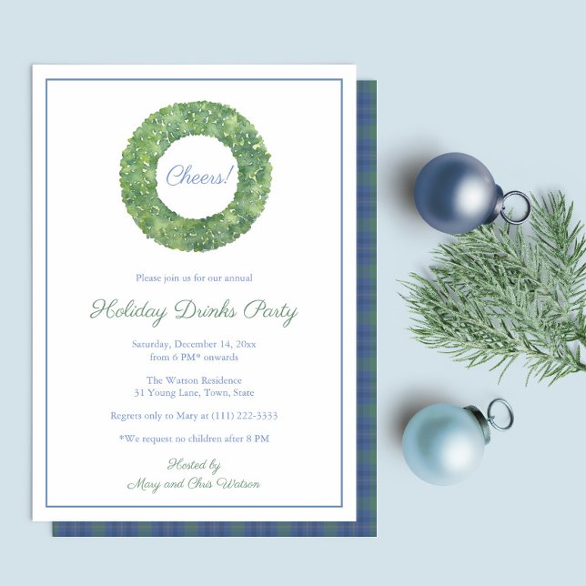Invitación Elegante Fiesta de Navidades de guirnaldas de Boxw (Simple Elegant Holidays Party Invitation In Blue / Green With Boxwood Wreath And Tartan Plaid Backer)