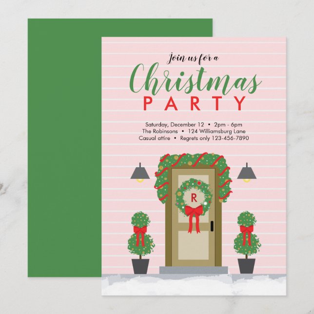 Invitación Elegante fiesta de Navidades de Hogar Verde Rosa (Anverso / Reverso)