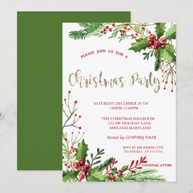 Invitación Elegante Fiesta de Navidades de la empresa Holly B (Anverso / Reverso)