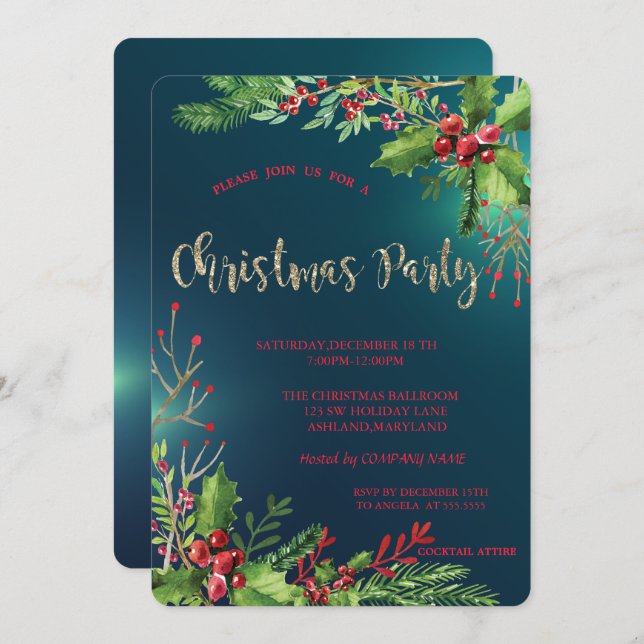 Invitación Elegante Fiesta de Navidades de la empresa Holly B (Anverso / Reverso)