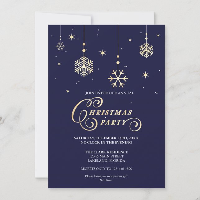 Invitación Elegante Fiesta de Navidades de la Marina y el oro (Anverso)