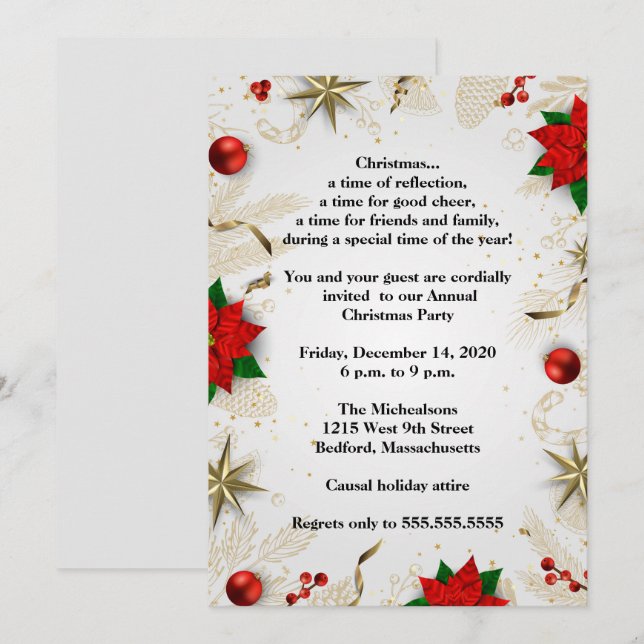 Invitación Elegante Fiesta de Navidades de la Poinsettia Roja (Anverso / Reverso)