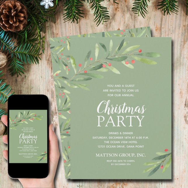 Invitación Elegante Fiesta de Navidades de la vegetación (Elegant Greenery Christmas Holiday Invitations - INSTANT DOWNLOAD and/or PRINTED)