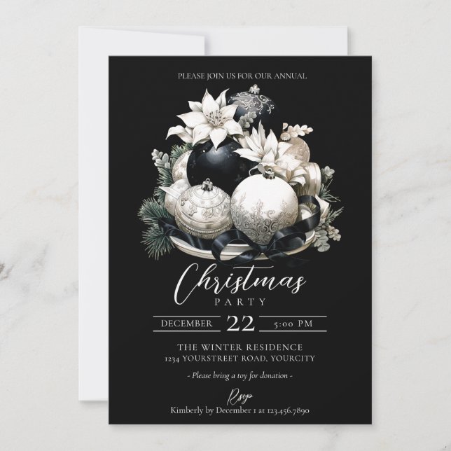 Invitación Elegante fiesta de Navidades de marfil blanco y ne (Anverso)