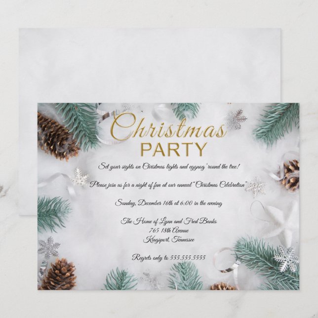 Invitación Elegante Fiesta de Navidades de Nieve Blanca (Anverso / Reverso)