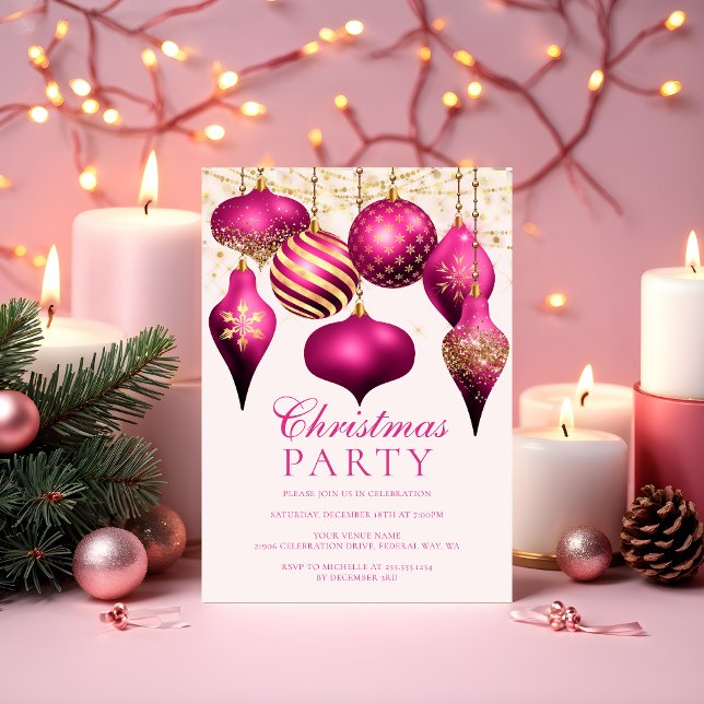 Invitación Elegante Fiesta de Navidades de Ornamentos de Oro  (Elegant Hot Pink Gold Ornaments Christmas Party Invitation)