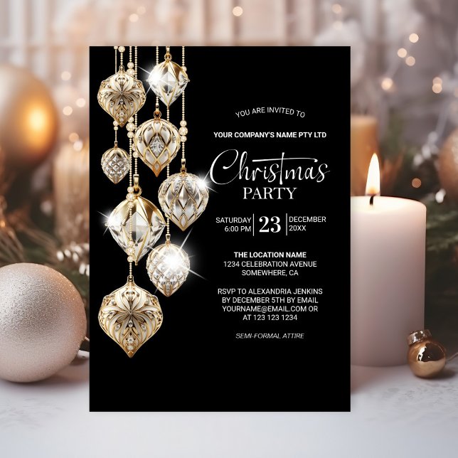 Invitación Elegante fiesta de Navidades de Ornamentos de Oro (Subido por el creador)