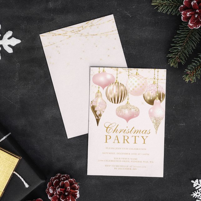 Invitación Elegante Fiesta de Navidades de Ornamentos de Oro  (Pink and Gold Ornament Christmas Party Invitation)